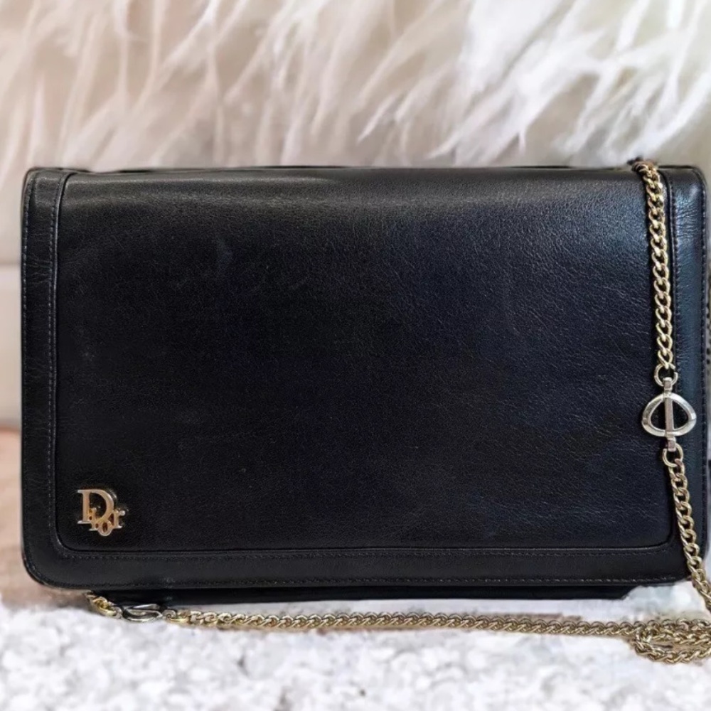 Dior Vintage Black Leather Clutch with Gold Logo